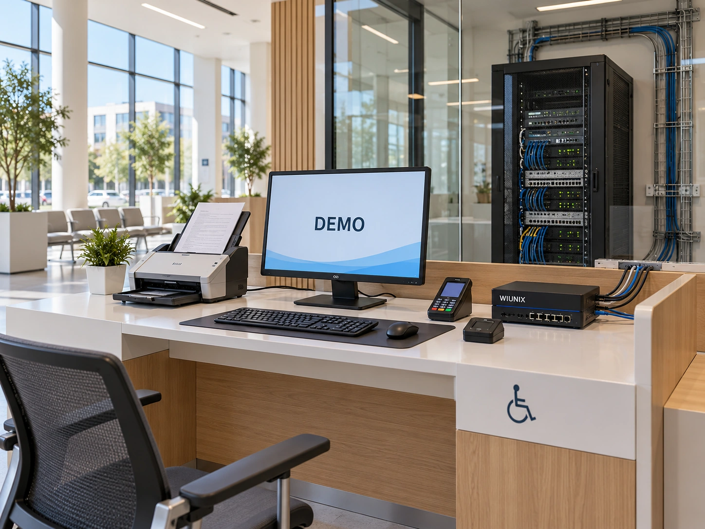 Accessible public-service demonstration counter with scanner, card reader and connected infrastructure