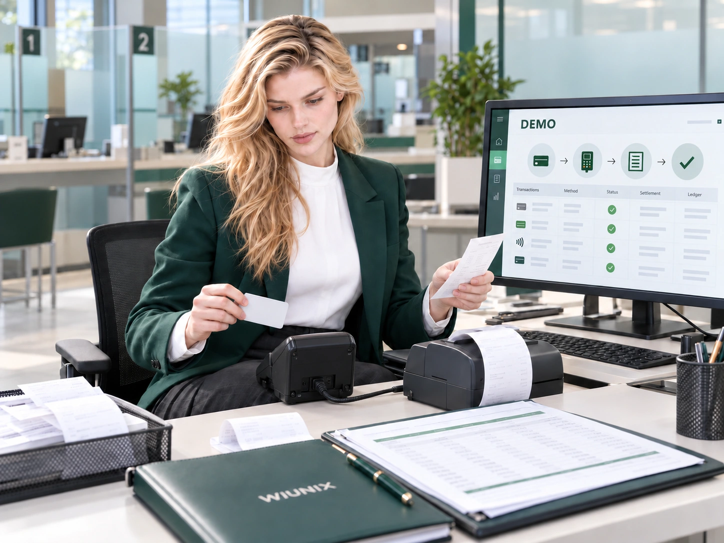 Rose reviewing a test payment terminal, receipts and a DEMO transaction reconciliation ledger