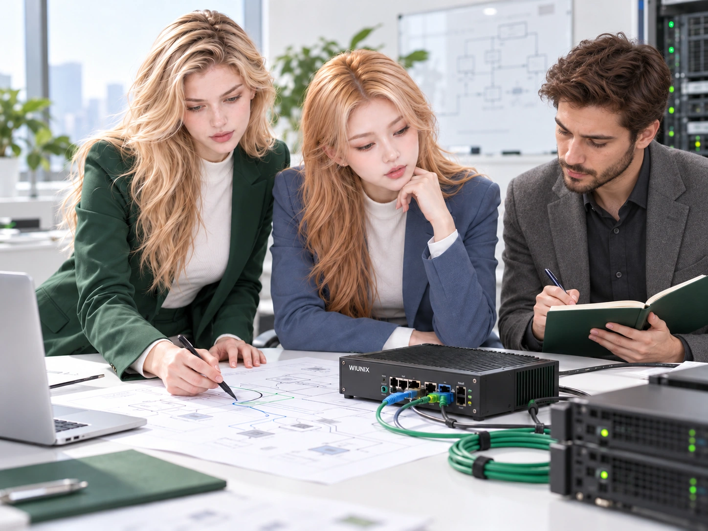 Rose, Yuna and a male colleague reviewing an architecture dependency diagram and integration equipment