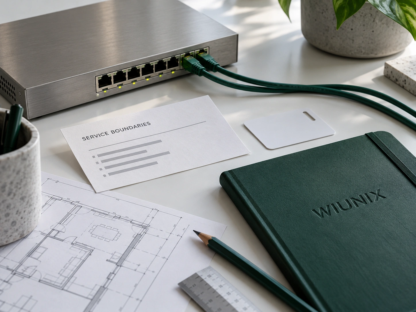 Illustrative planning desk with network hardware, access card, floor plan and service-boundary notes