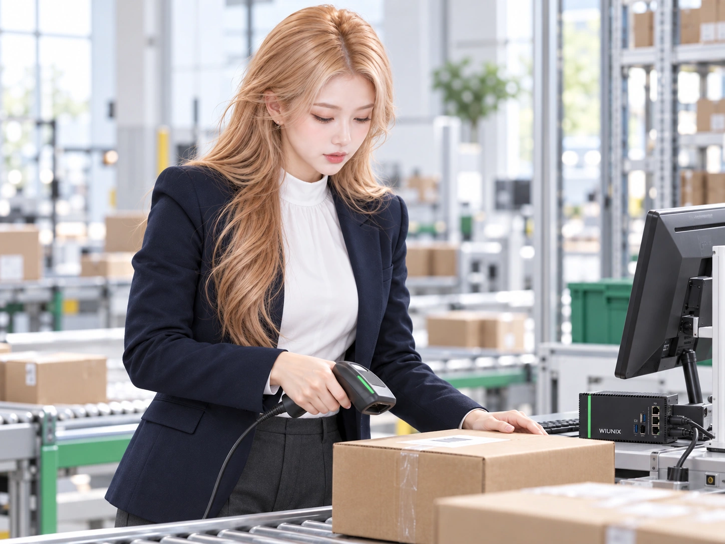 Warehouse technician scanning a parcel beside an inventory workstation and edge gateway