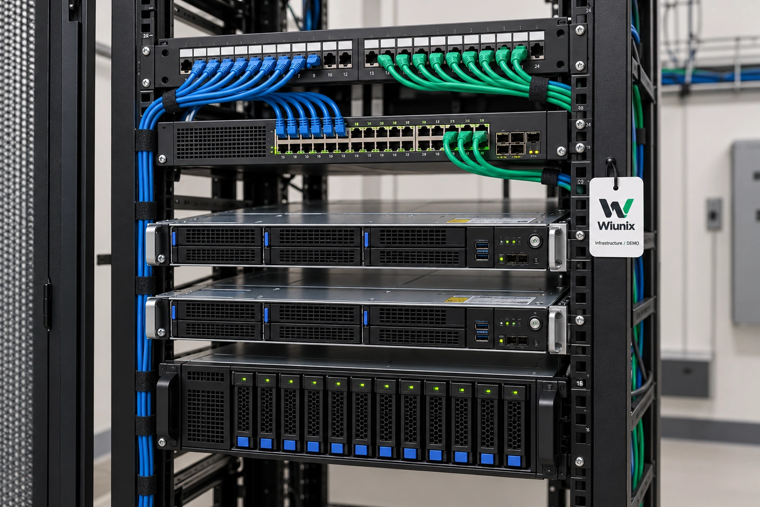 Illustrative Wiunix compute servers, network patch panel and storage equipment with a removable inventory tag