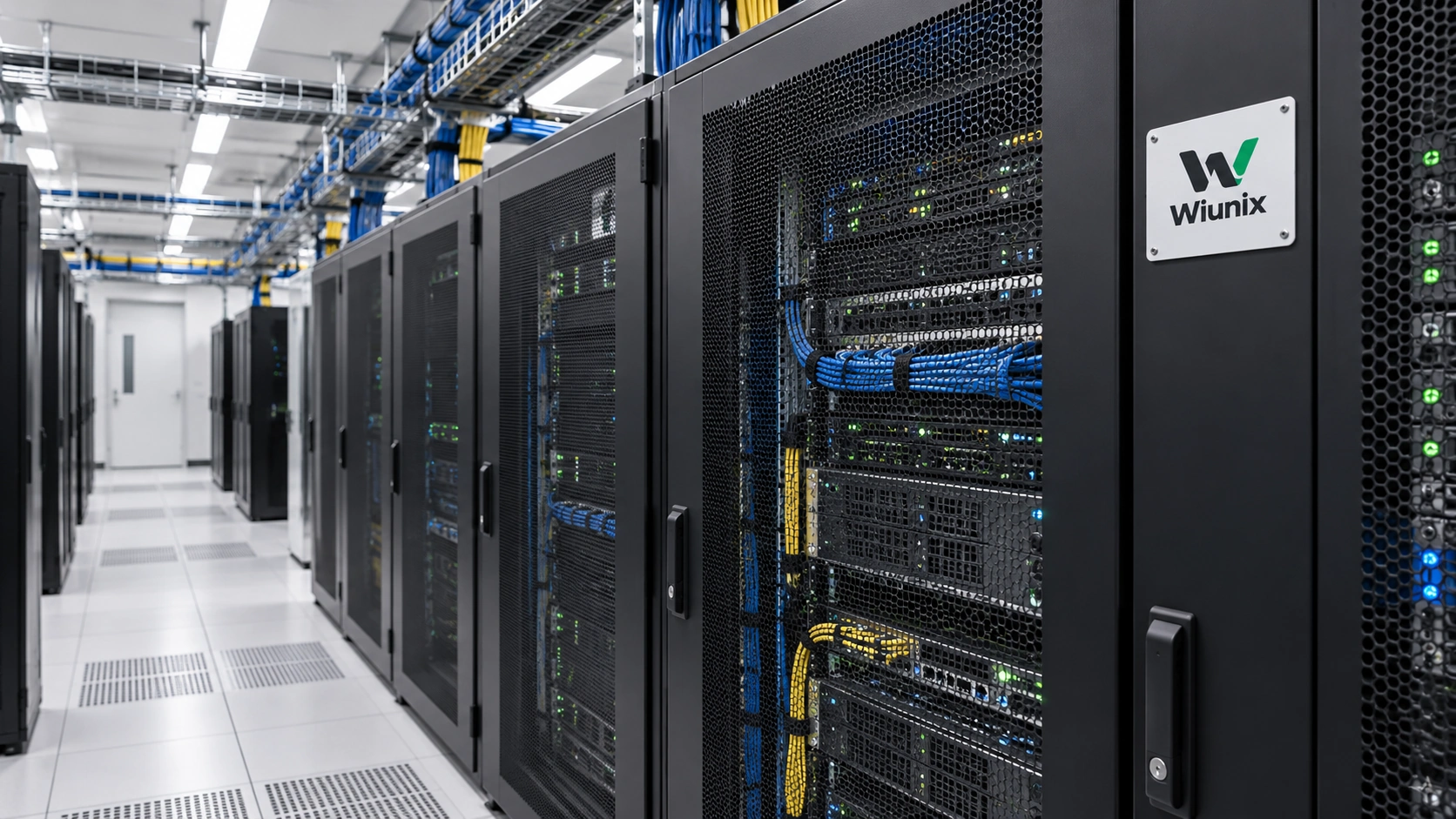 Illustrative Wiunix server-room cabinets and overhead network cabling