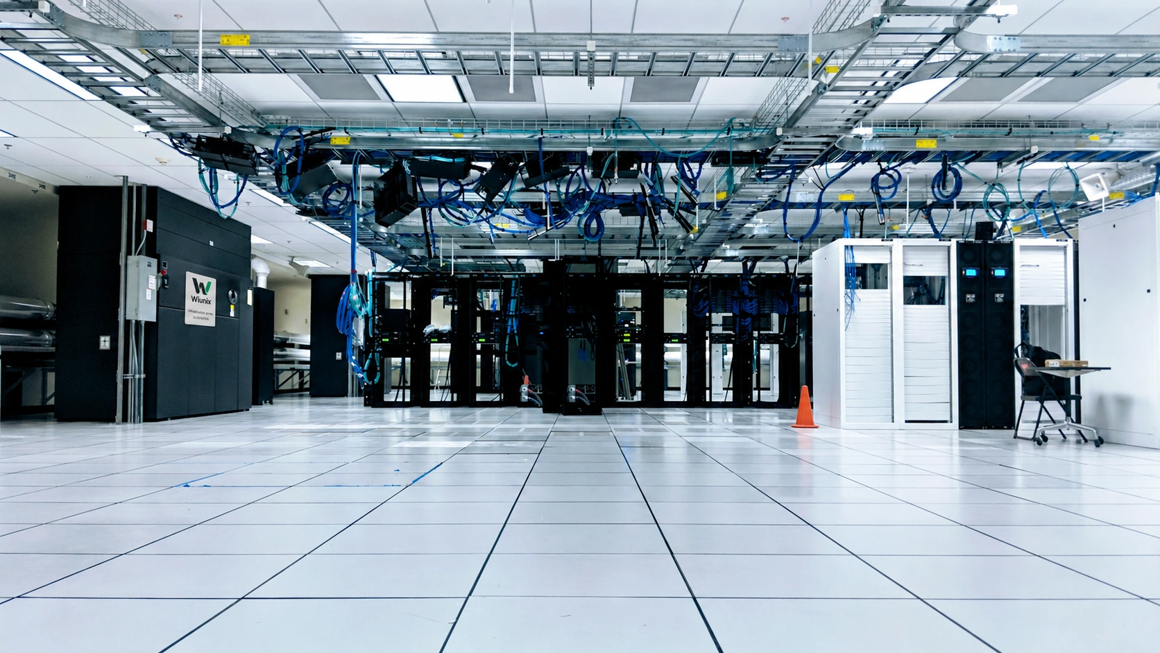 Data-center racks and cabling with an illustrative Wiunix survey label