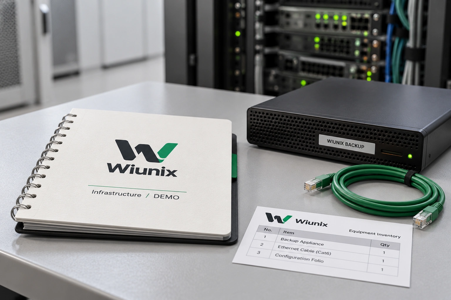 Illustrative Wiunix infrastructure folio, backup appliance and equipment card on a technical workbench