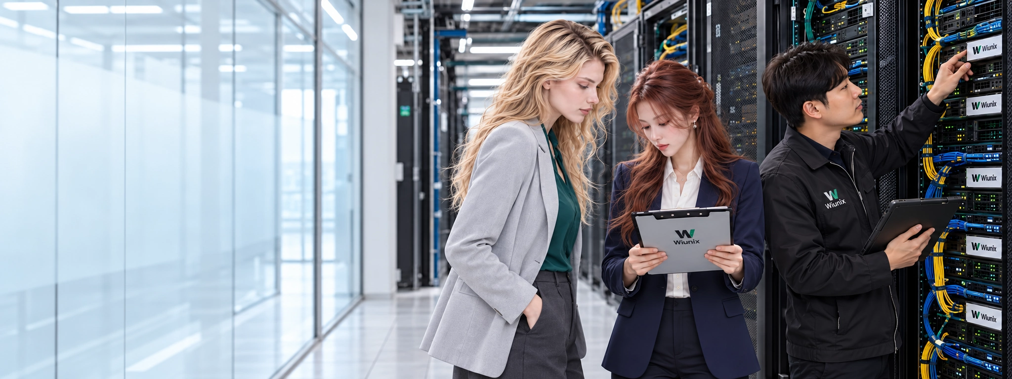 Illustrative Wiunix infrastructure survey with Rose and Yuna beside server racks