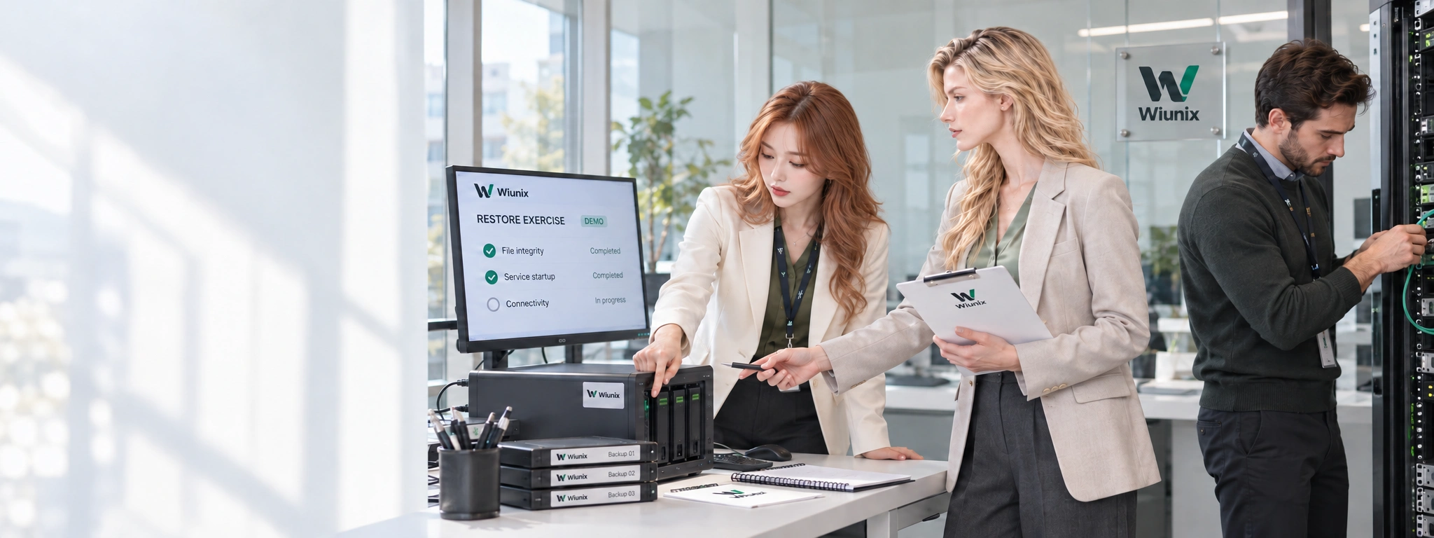 Illustrative Wiunix recovery-test team with Rose in left profile reviewing storage and restore checks