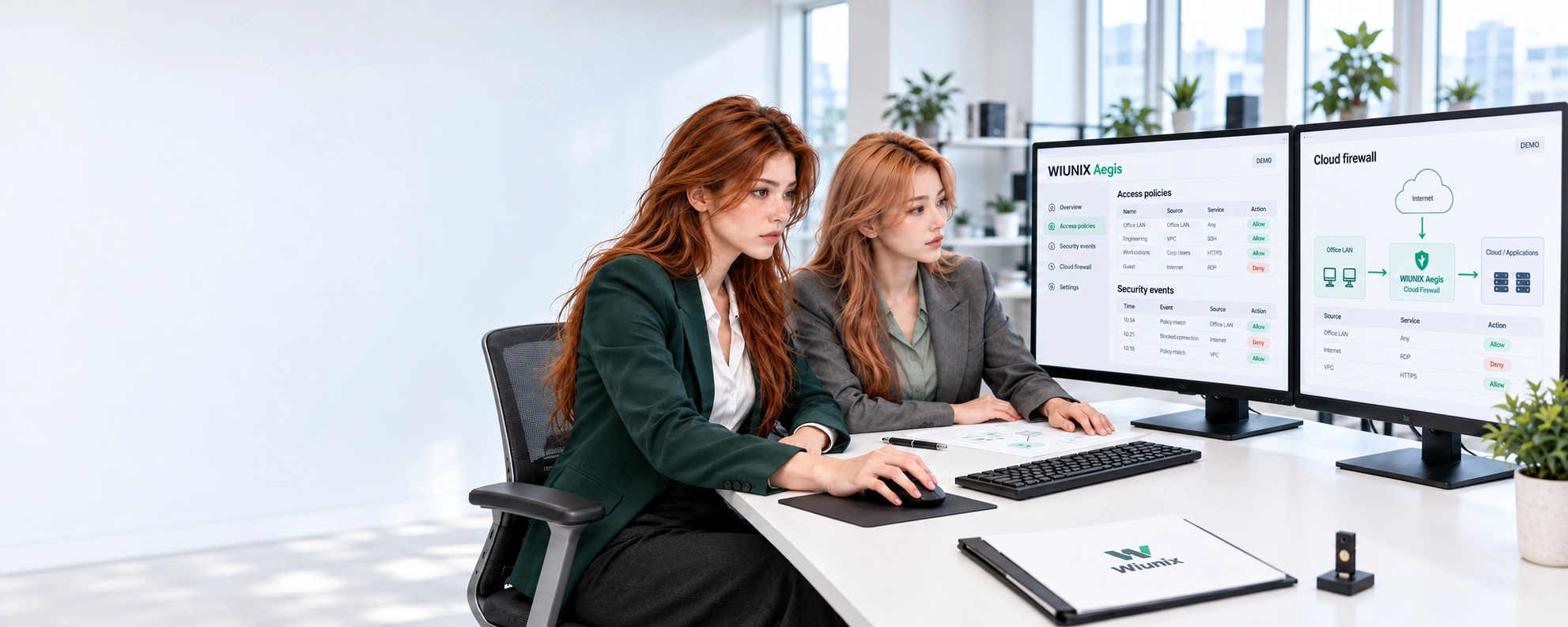 Kate and Yuna reviewing illustrative WIUNIX Aegis access-policy and cloud-firewall demo screens
