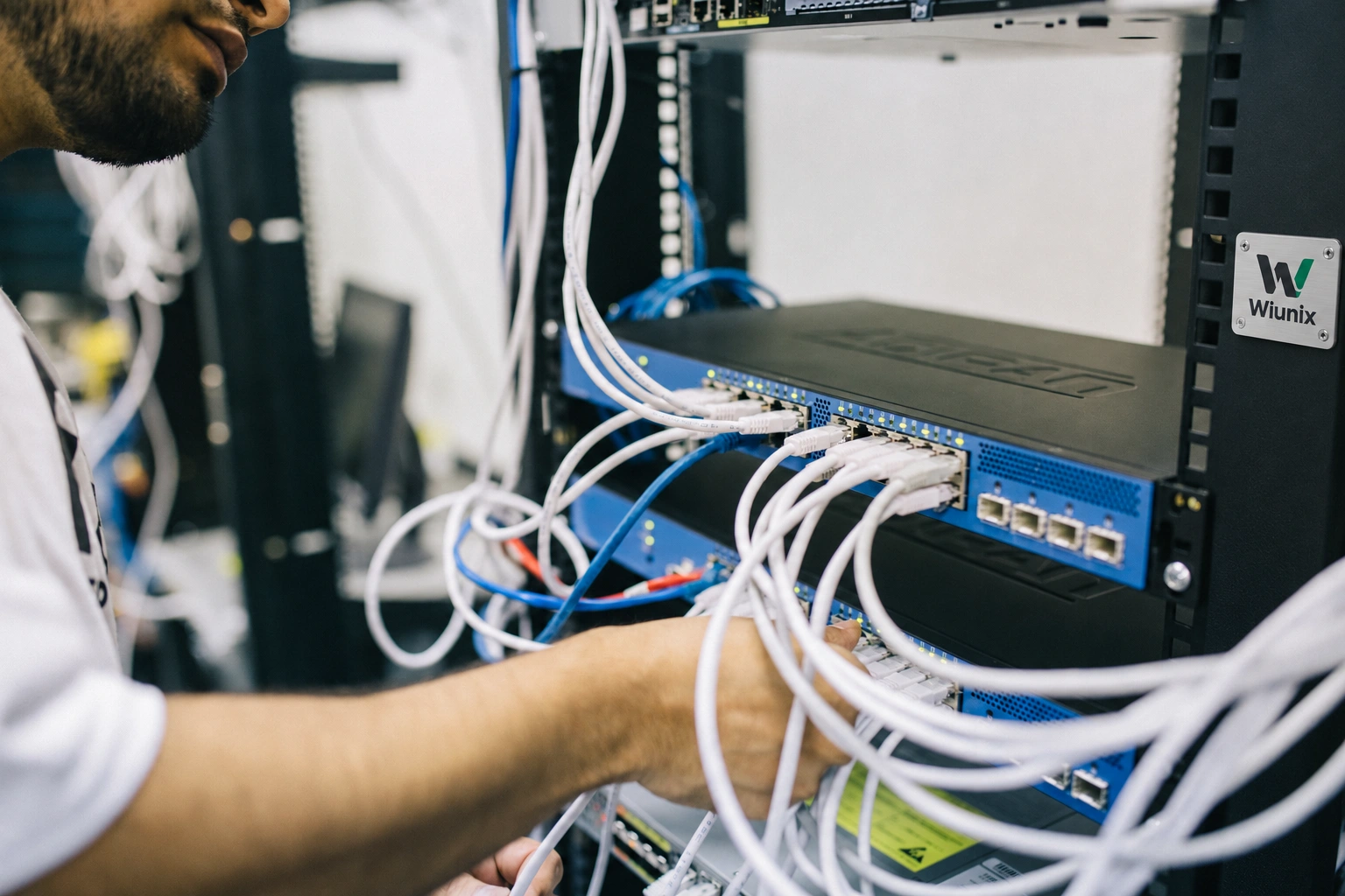 A technician's hands working at Ethernet switches with an illustrative Wiunix rack plaque