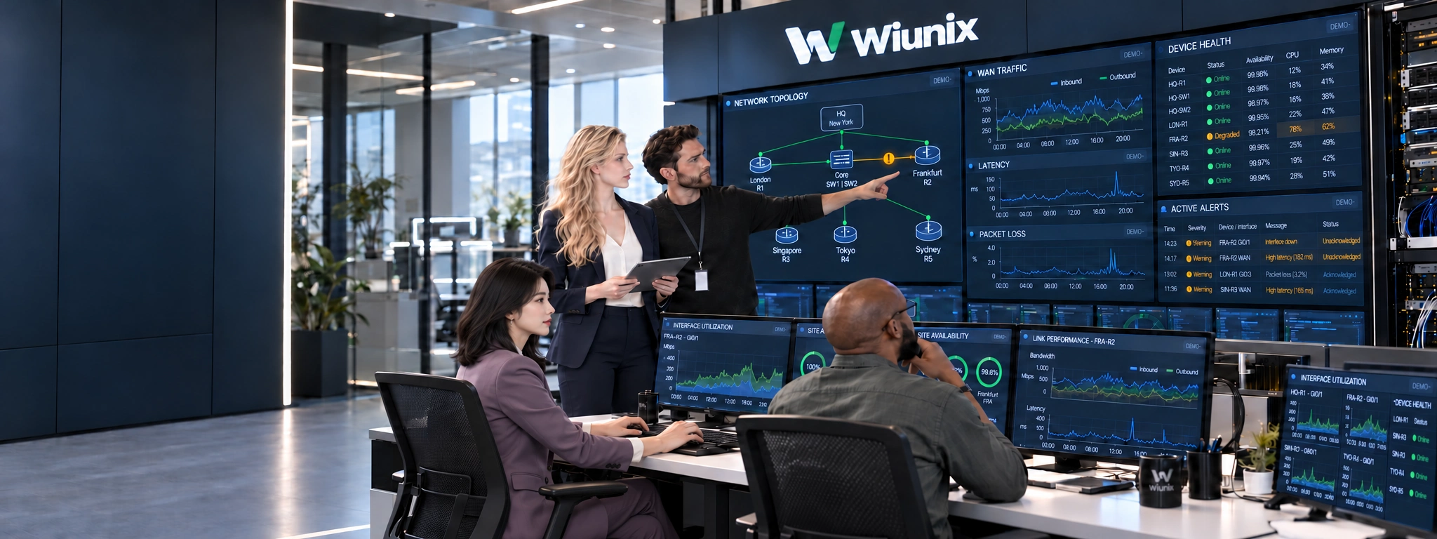 Illustrative Wiunix NOC team with Rose in right profile looking towards network topology and monitoring displays