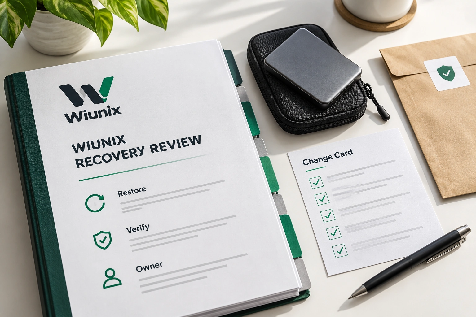 Recovery-review runbook, portable backup drive and change notes on an illustrative workbench