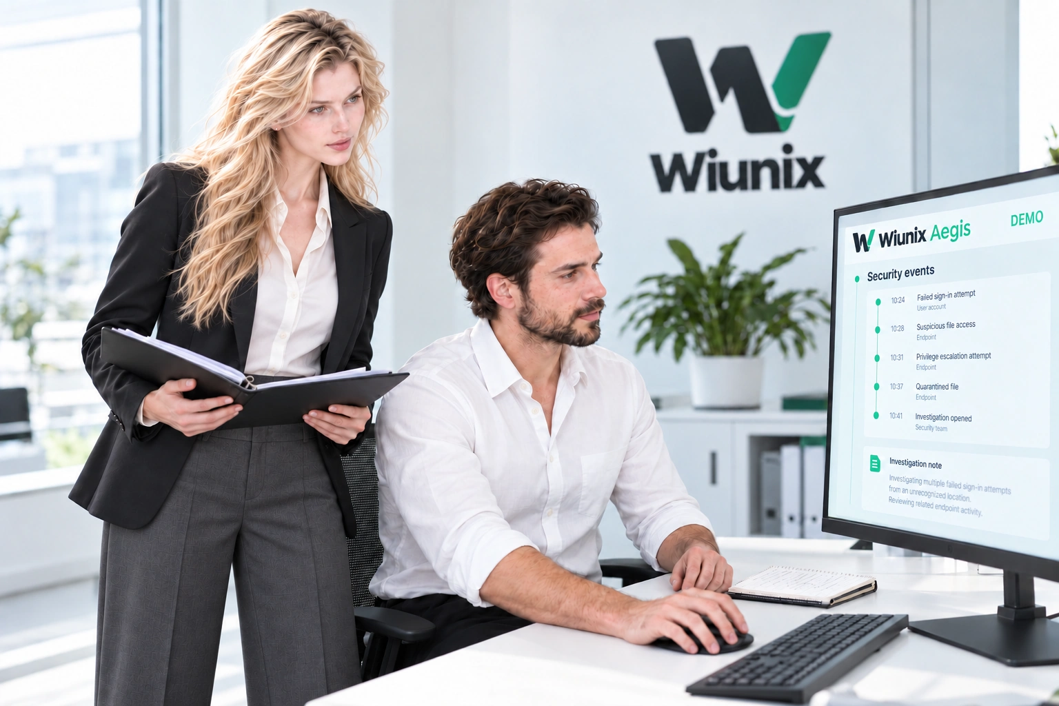 Rose and a colleague reviewing an illustrative WIUNIX Aegis security-event demonstration