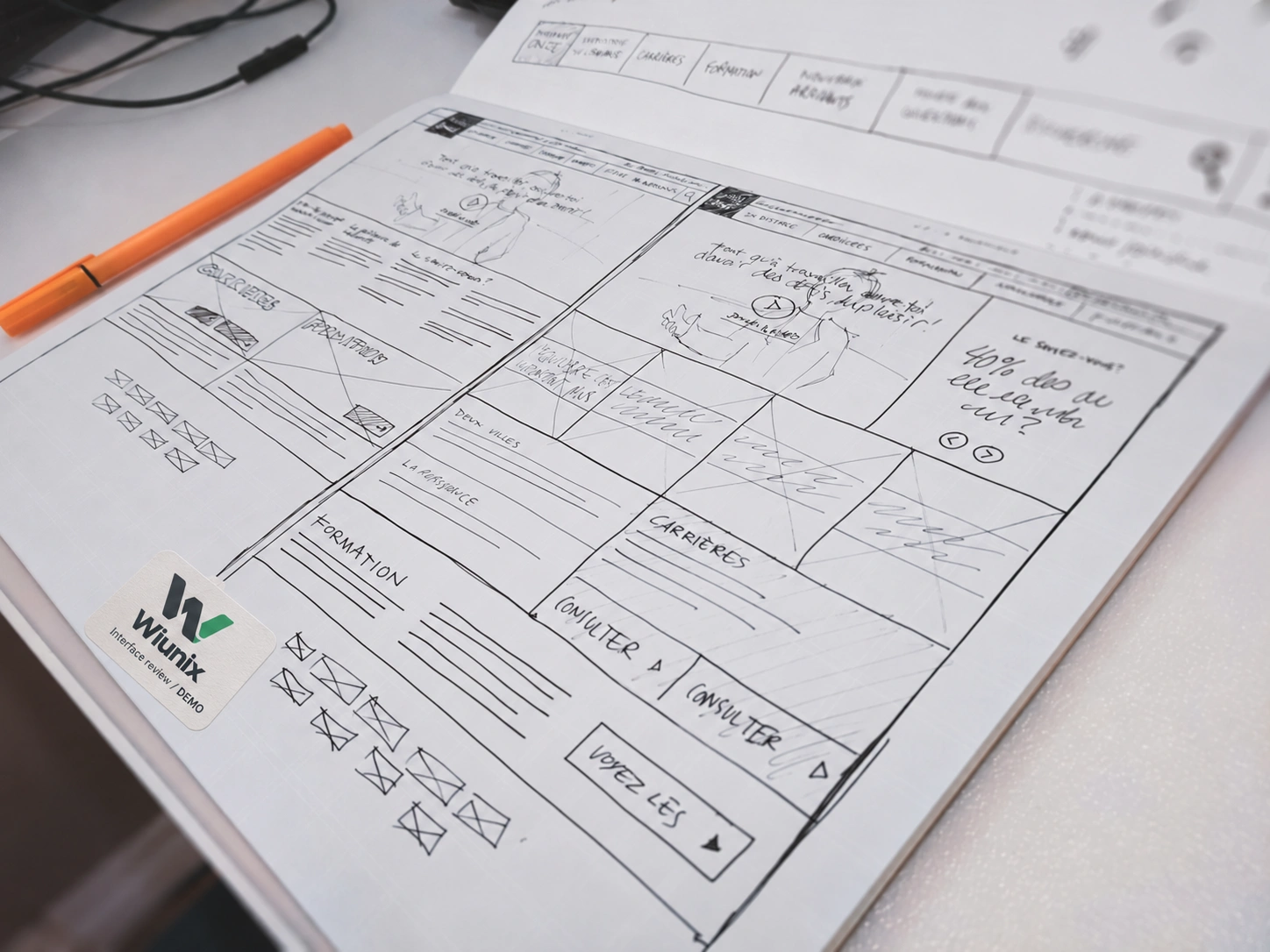Paper interface wireframes with an illustrative Wiunix review label