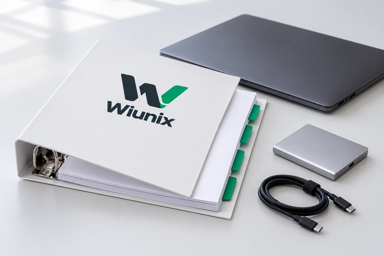 Generated Wiunix technical folio, closed developer laptop and storage device