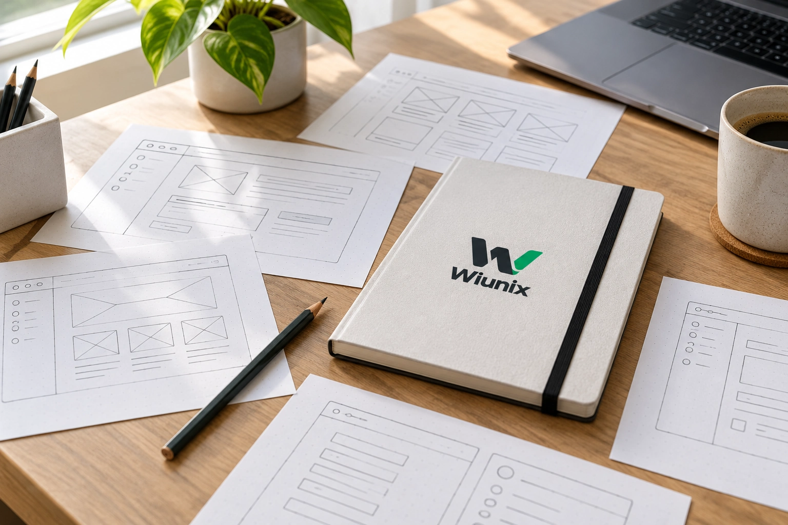 Generated photograph of application wireframes and a Wiunix requirements folio