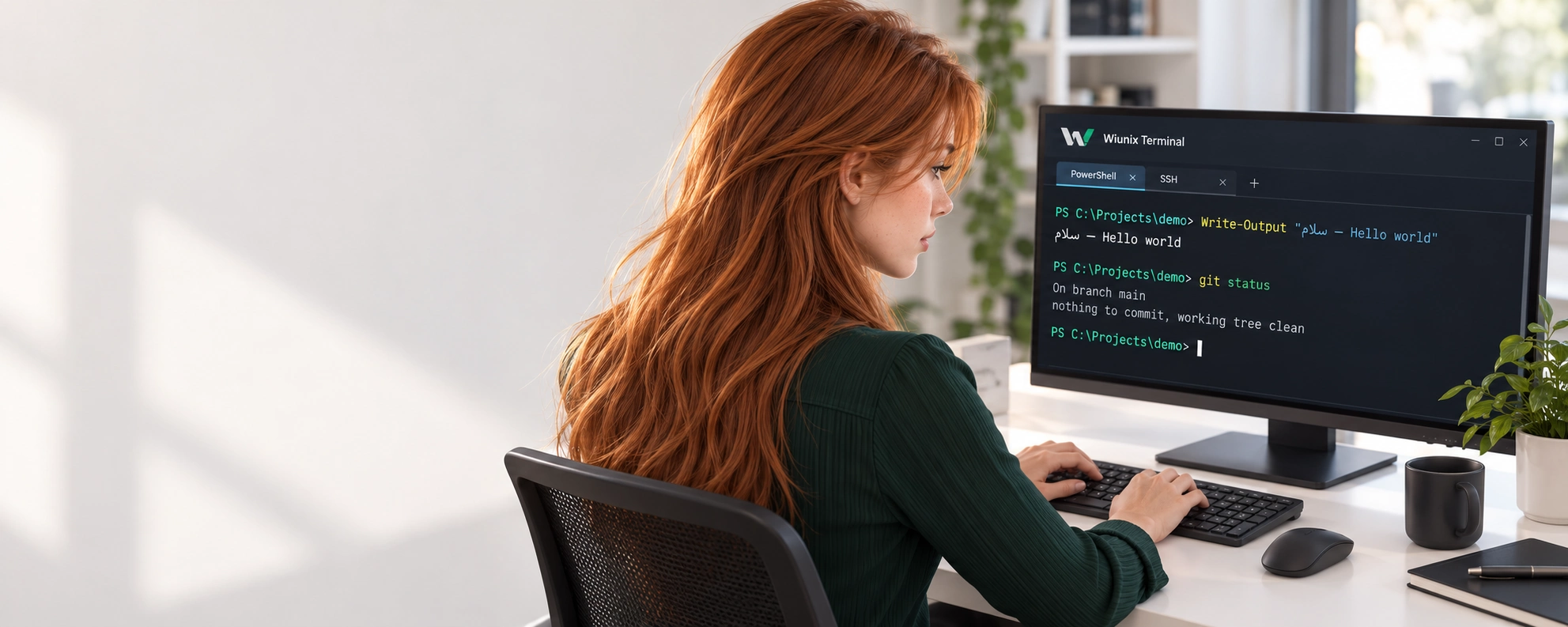 Illustrative photograph of Kate coding with mixed Persian and English text in a Wiunix Terminal concept screen