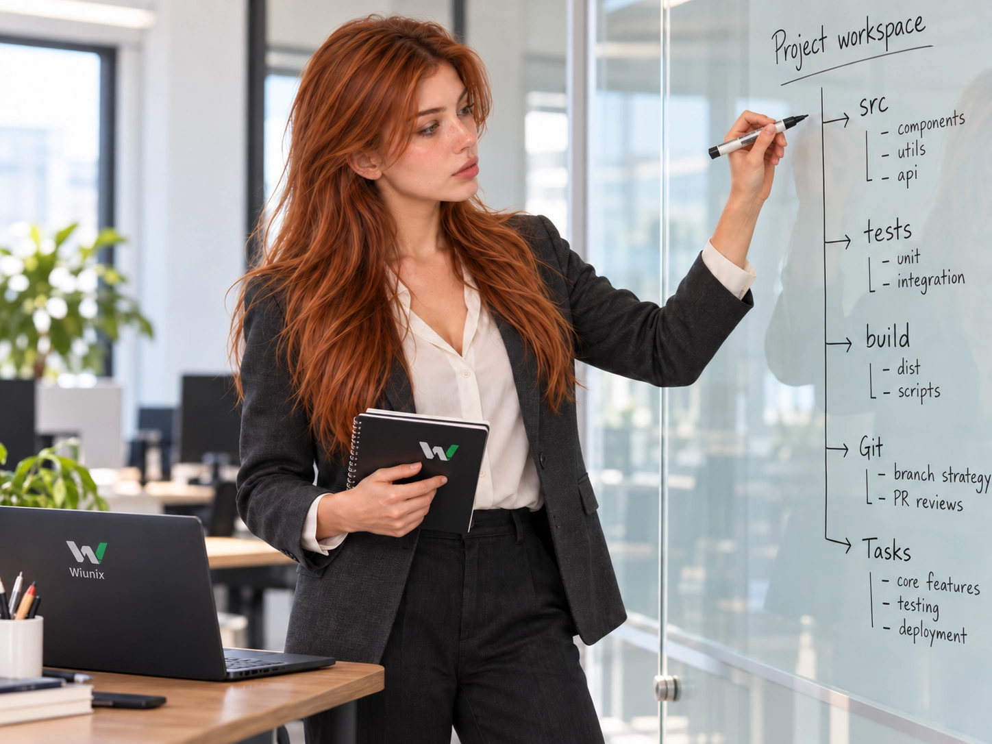 Illustrative photograph of Kate planning project folders and tasks on a glass whiteboard beside a Wiunix Terminal laptop