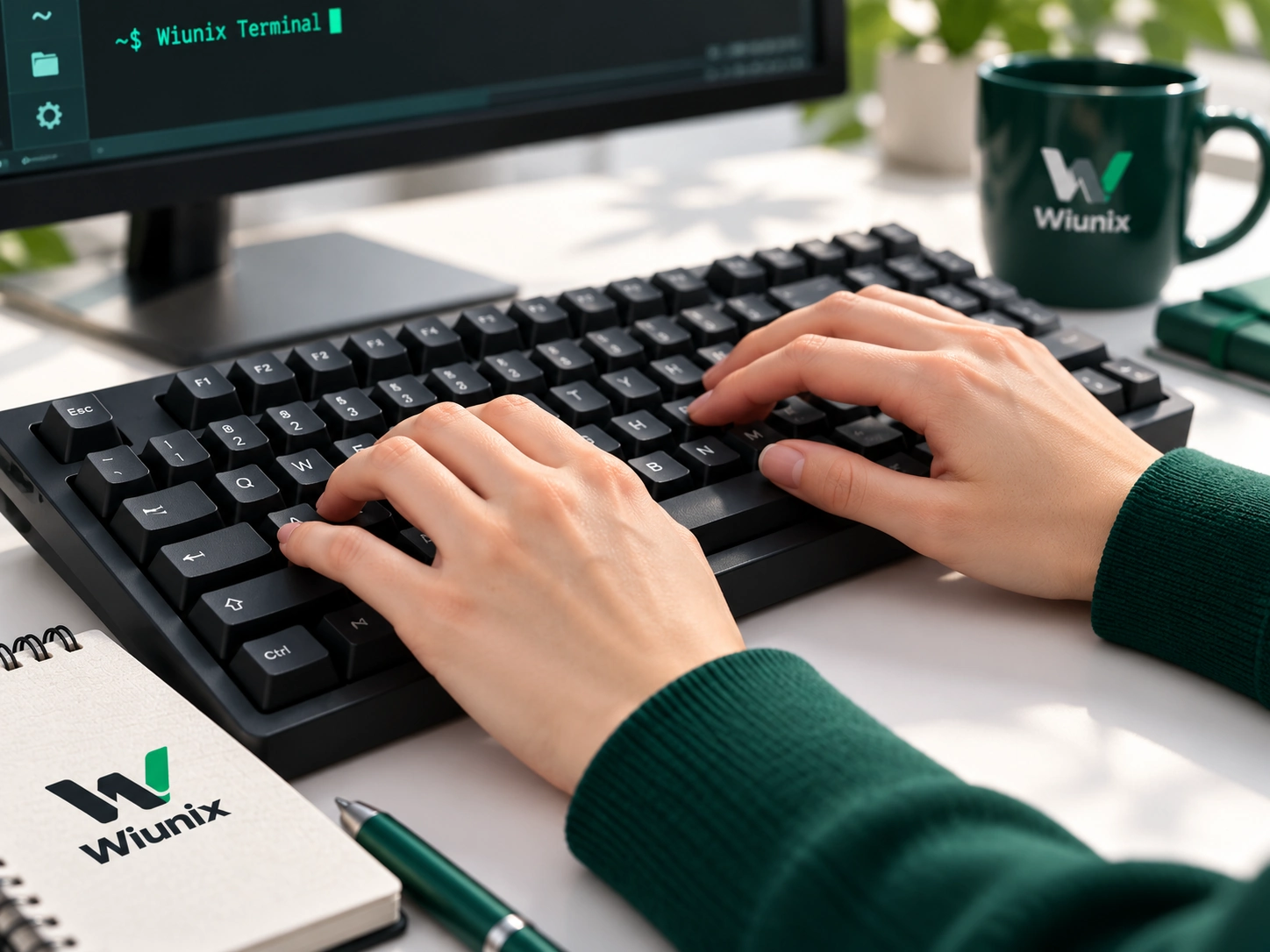 Illustrative close-up of hands typing at a Wiunix Terminal keyboard workstation