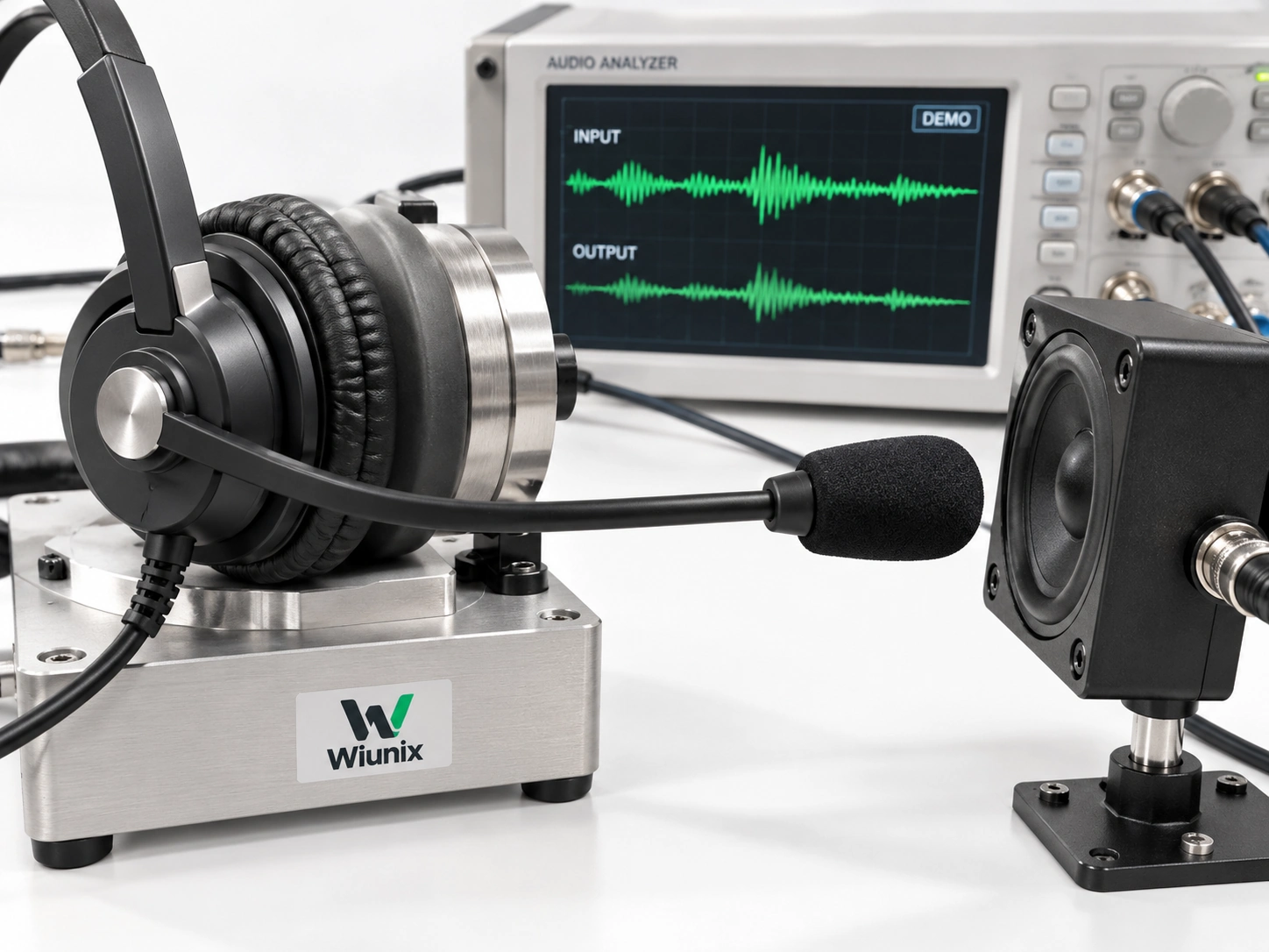 Generated close-up of a headset audio-path test fixture and demonstration input/output waveforms