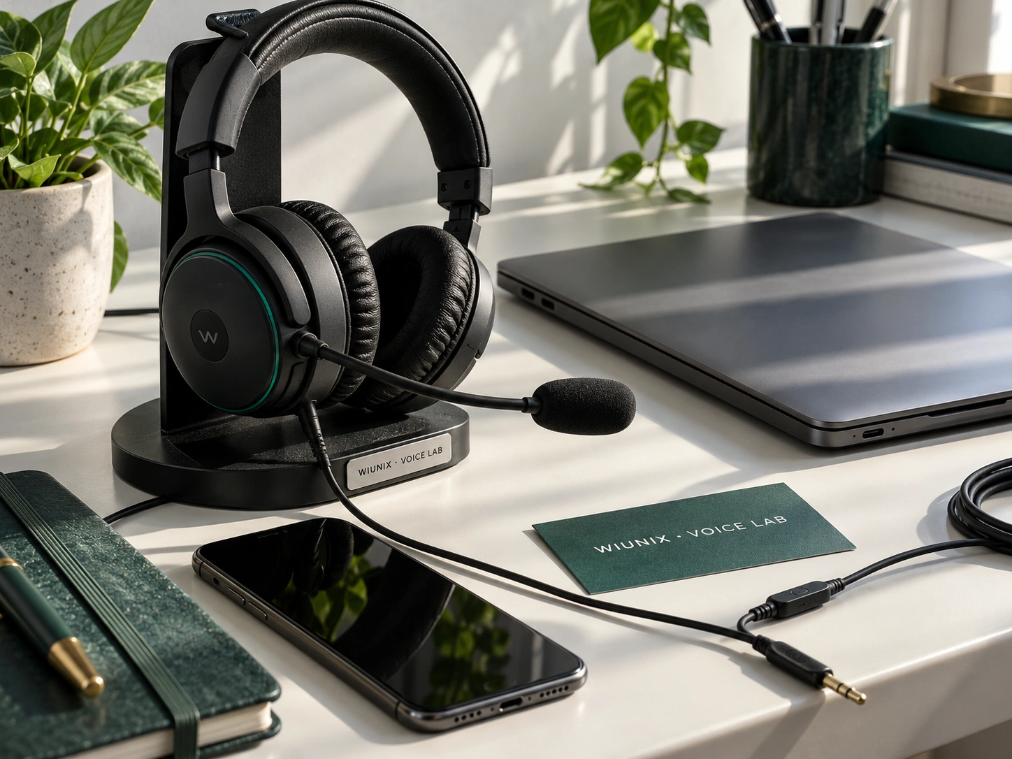 Illustrative headset, smartphone and laptop for a voice calling workspace