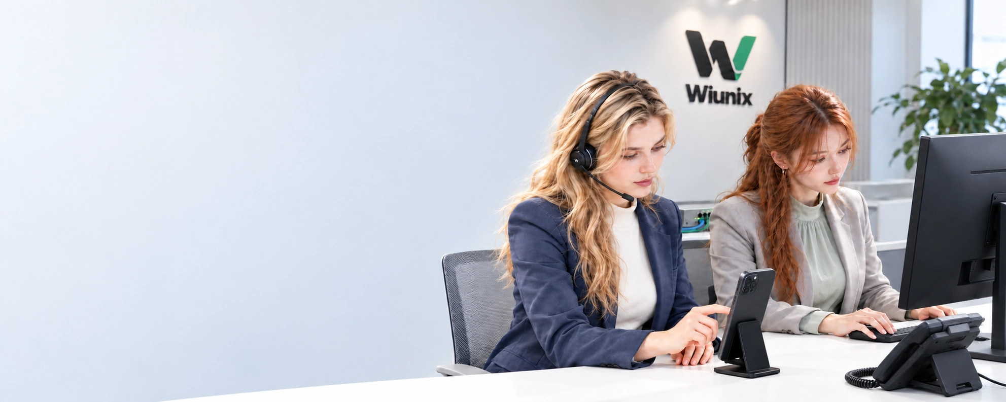 Generated scene of Rose and Yuna testing phone calling and SIP equipment at a voice administration workstation