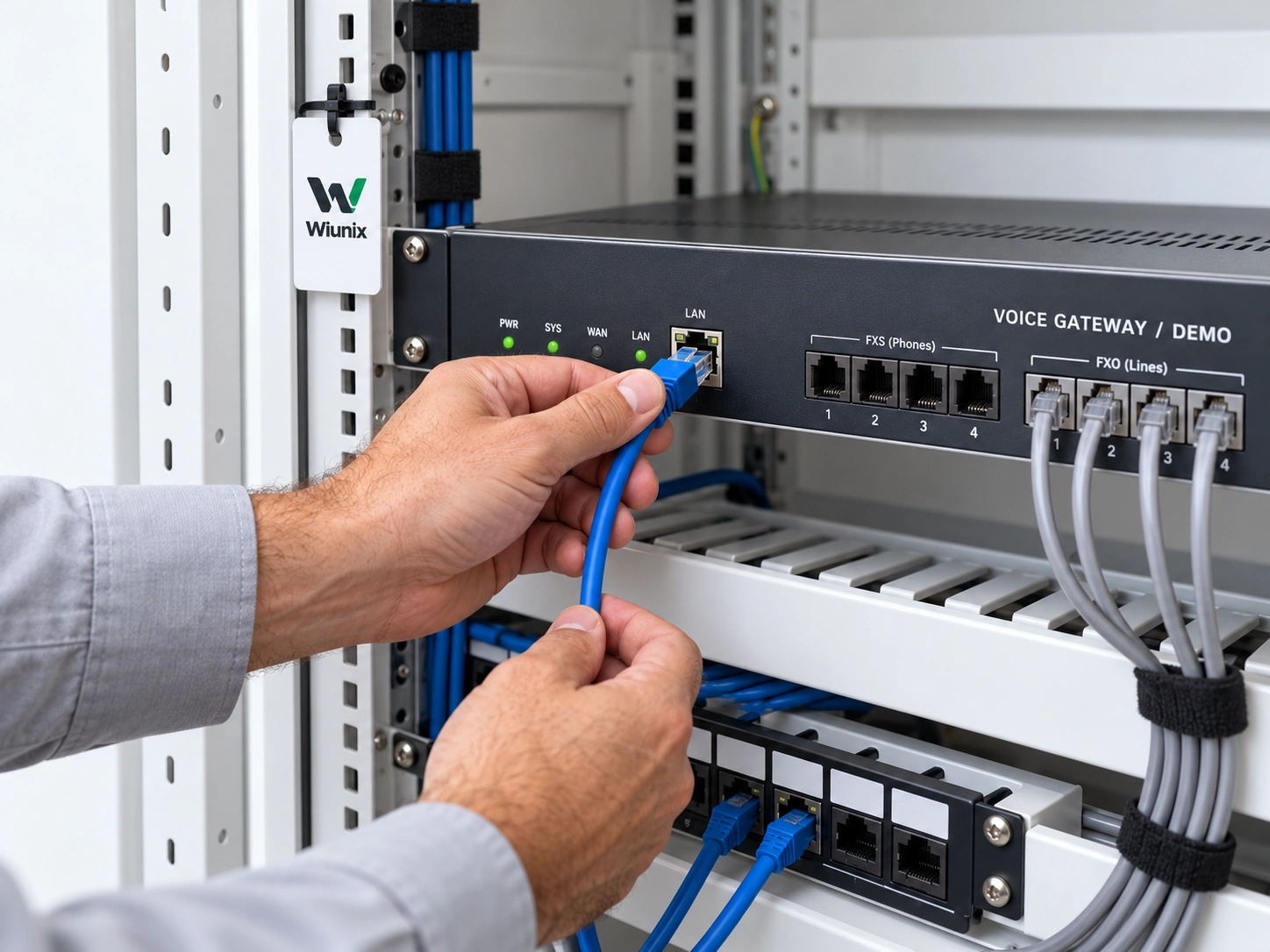 Generated photograph of a technician connecting a labelled voice gateway in a communications cabinet