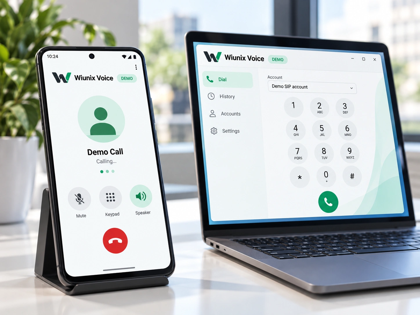Generated photograph of Wiunix Voice calling concepts on Android and Windows test devices