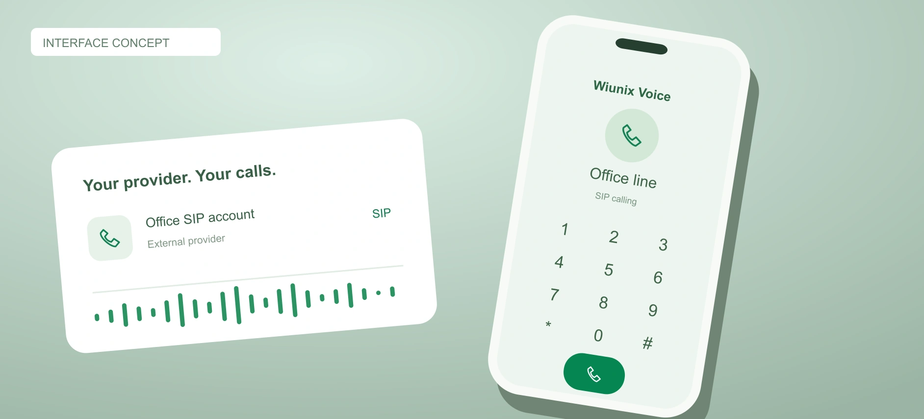 Interface concept showing Wiunix Voice SIP account controls and a phone dial pad